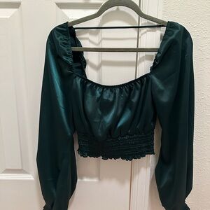 AFRM Green Cropped Blouse with Puff Sleeves and Smocked Details